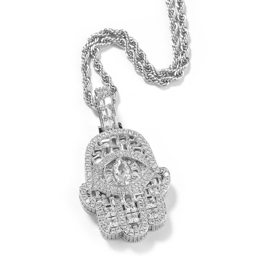 THE BLING KING Big Stone Eye Hamsa Hand Pendant Iced Out Baguettecz Cubic Zirconia Luxury Necklace Hiphop Jewelry Party Gift