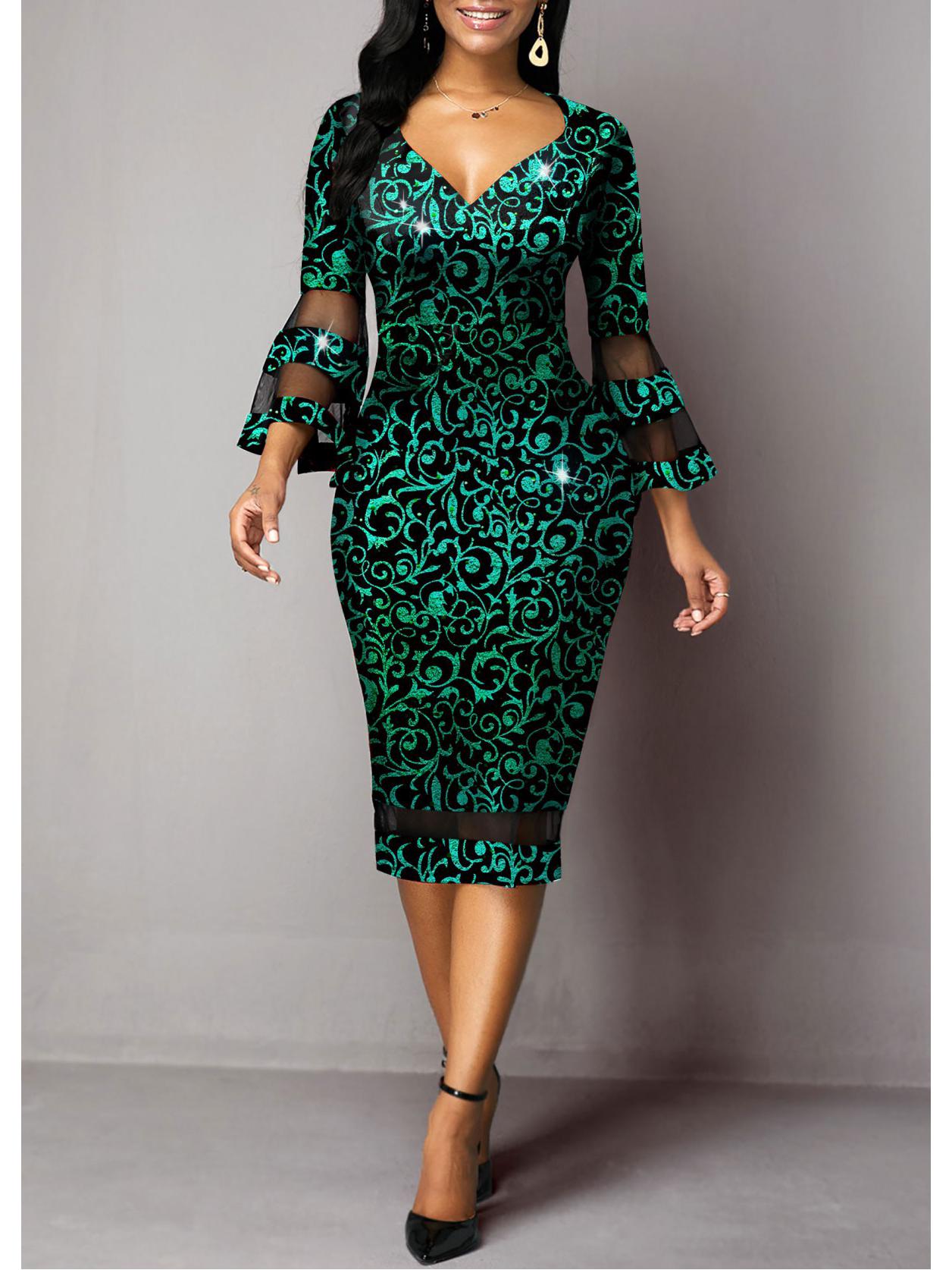 European Elegance: Floral Mesh Patchwork Bodycon Skirt Dress - V-neck Style for Women (2025) Small зелёный