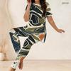 Women Plus Size Printed Two Piece Set Round Neck Short Sleeve Long Top And Fitted Long Pants