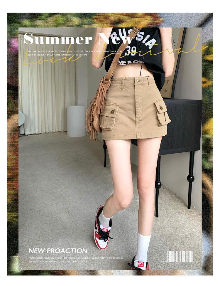 2023 Summer Khaki Denim Workwear Dress: Slimming American Style, High Waist A-Line Midi Skirt