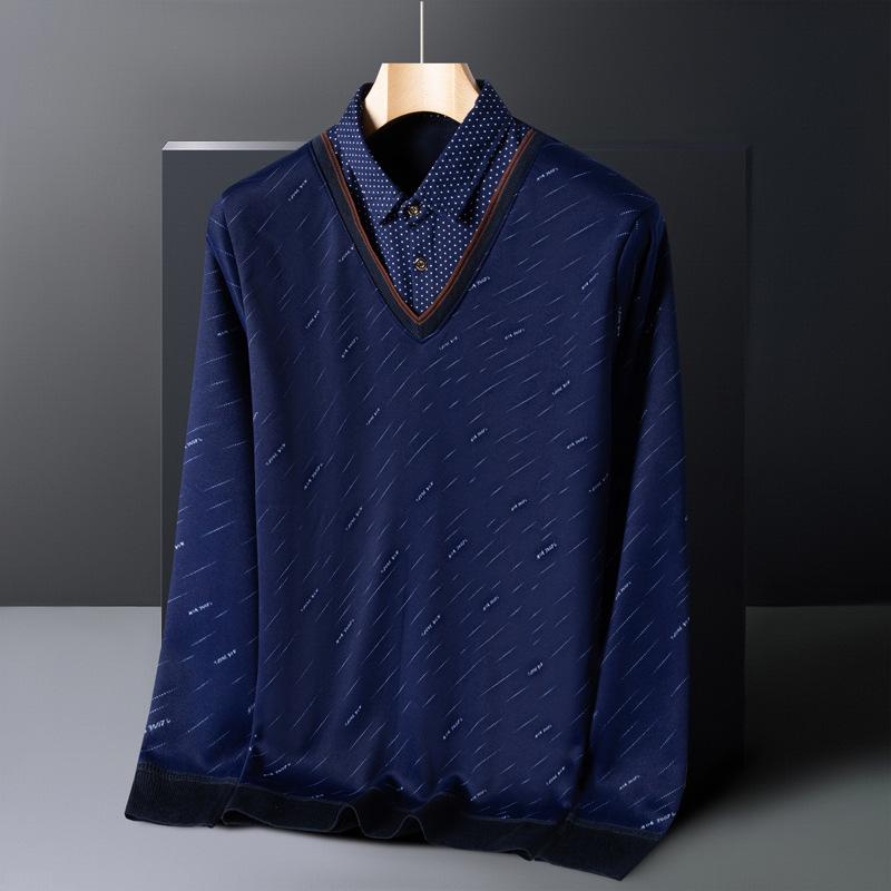 Höst Vinter Ny Stil Herr Falsk Tvådelad Tröja Långärmad Medelålders Fleecefodrad Förtjockad Baslager Skjorta