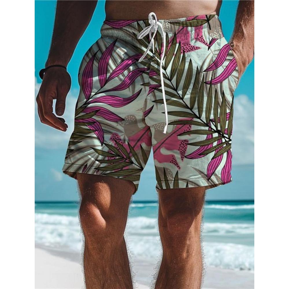 Leaf Tropical Men's Board Shorts Hawaiian Short 3D Printed Swim Trunks Elastic Drawstring Breathable Stretch Short Aloha Style
