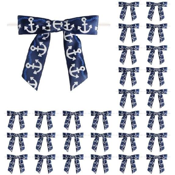 30 Pcs Nautical Ribbon 3 Inch Navy Blue White Stripes Anchor Twist Tie Bows for for Beach Coasta Gift Wrapping, Baby Shower,Wedding, Party Favors, Nautical Bow