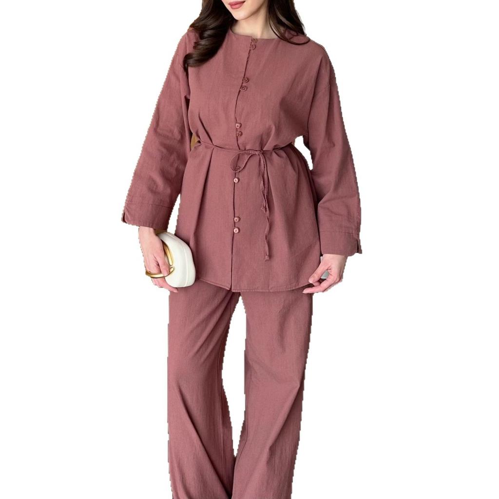 European and Women's New Button Crew Neck Long Sleeve Lace Up Waist Top Wide Leg Pants Casual Suit