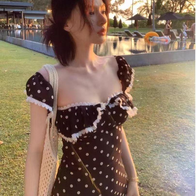 Summer Elegant Black Polka Dot A Line Dress With Short Sleeves For Women
