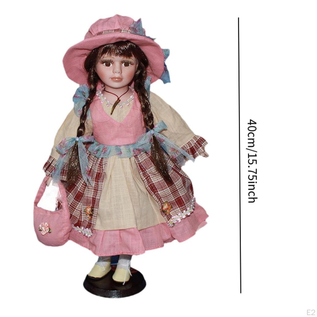 15.75'' Porcelain Doll Ceramic Beautiful with Hat and Hair Decorative for Ornament