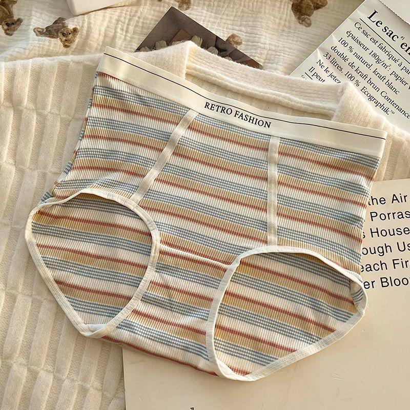 Women's High-Waisted Tummy Control Striped Plus-Size Underwear with Crotch for Autumn and Winter