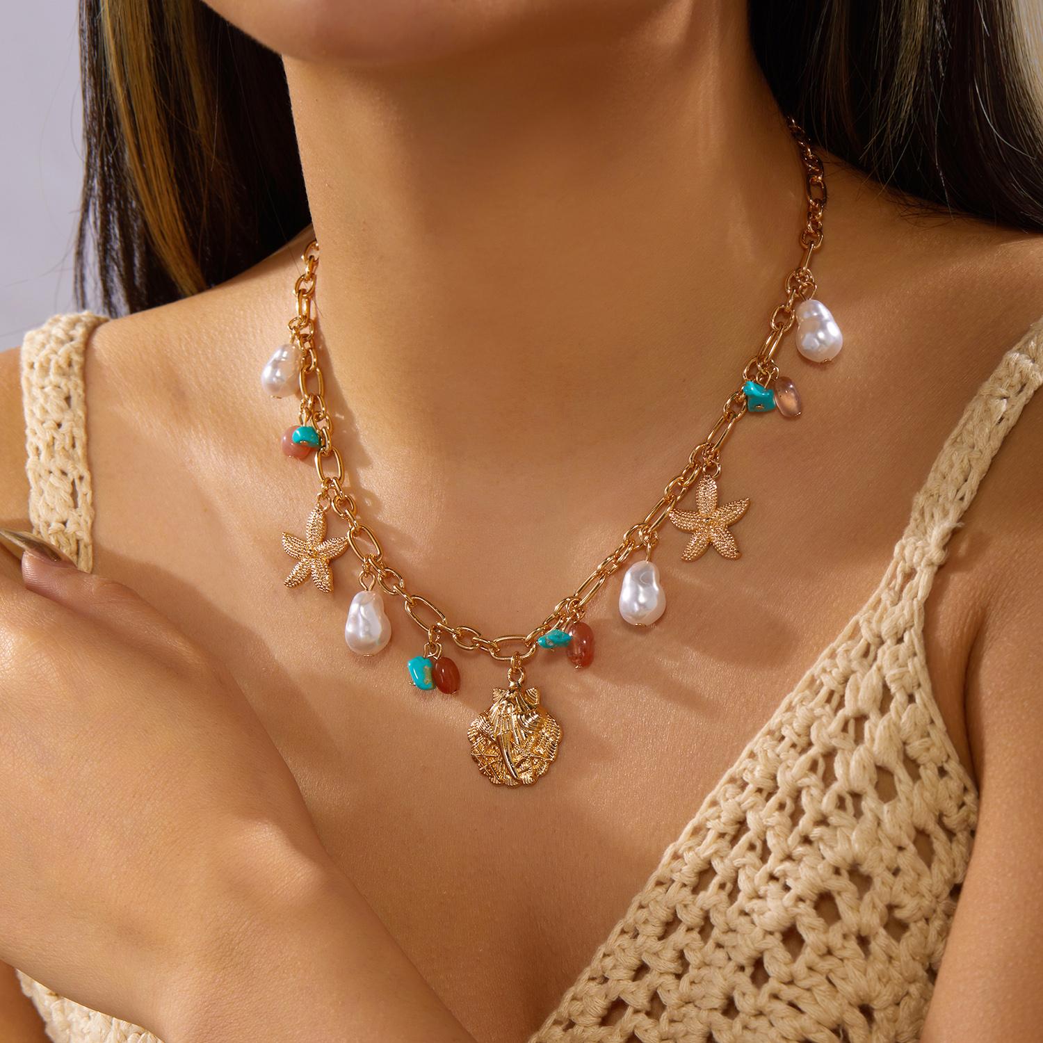 Multi-element Ocean Pendant Necklace for Women Bohemia Shell Starfish Imitation Pearl Necklace Trendy Summer Jewelry Gifts