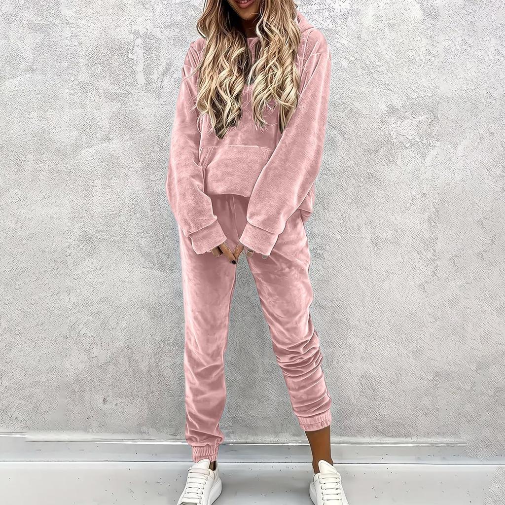 Women's Casual Color Hooded Sweatshirt and Jogger Pants Two-Piece Set with Pockets for Sports and Everyday Wear