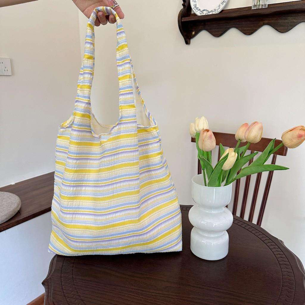 Stylish Dopamine Striped Canvas Tote Bag For Students Large Capacity Summer Handbag
