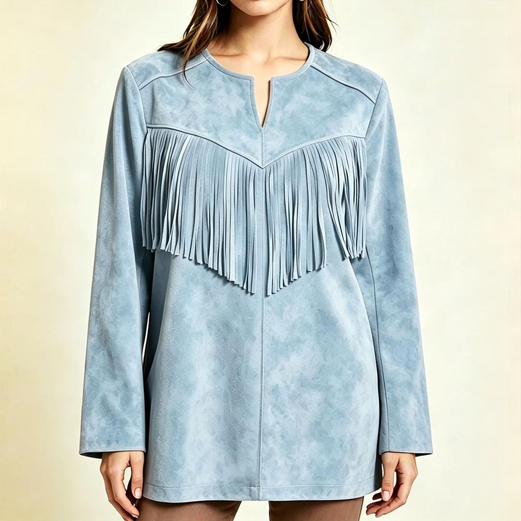 Women's Color Tassel Lapel Collar Long Sleeve Loose Fit Mid-Length Tunic Top