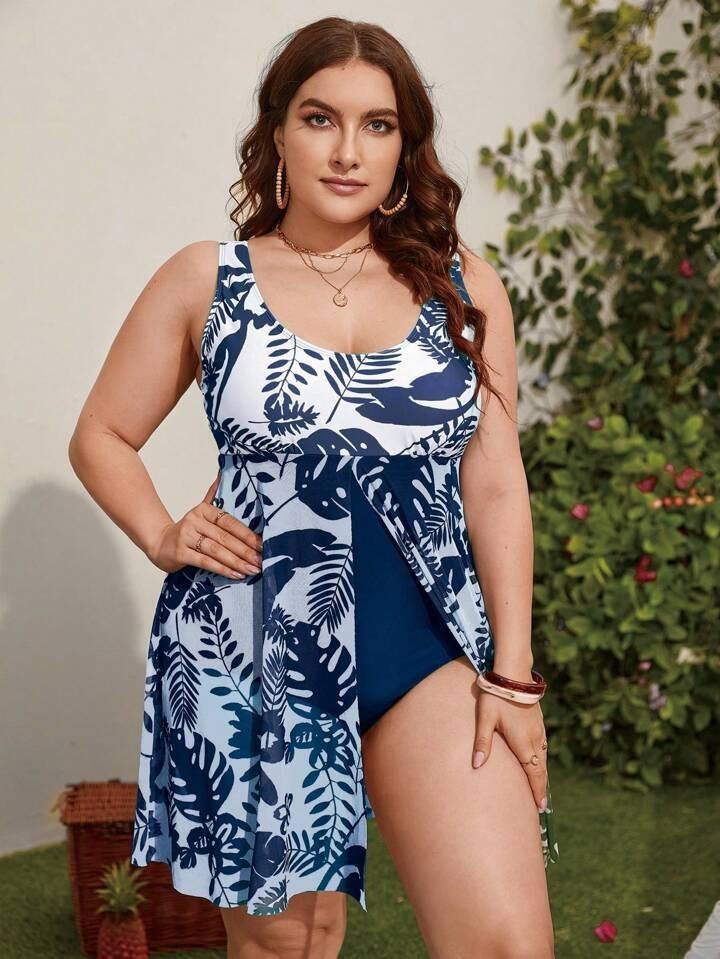 

Женский модный купальник-боксер с круглым вырезом и принтом из двух частей. Купальник XXXXL тёмно-синий