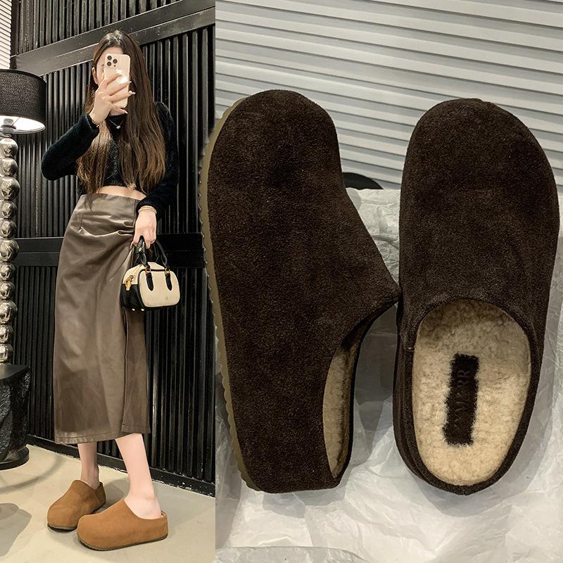 Birkenstock slippers women's outerwear 2025 autumn lazy one-pedal cotton slippers thick-soled casual bag head velvet half slippers