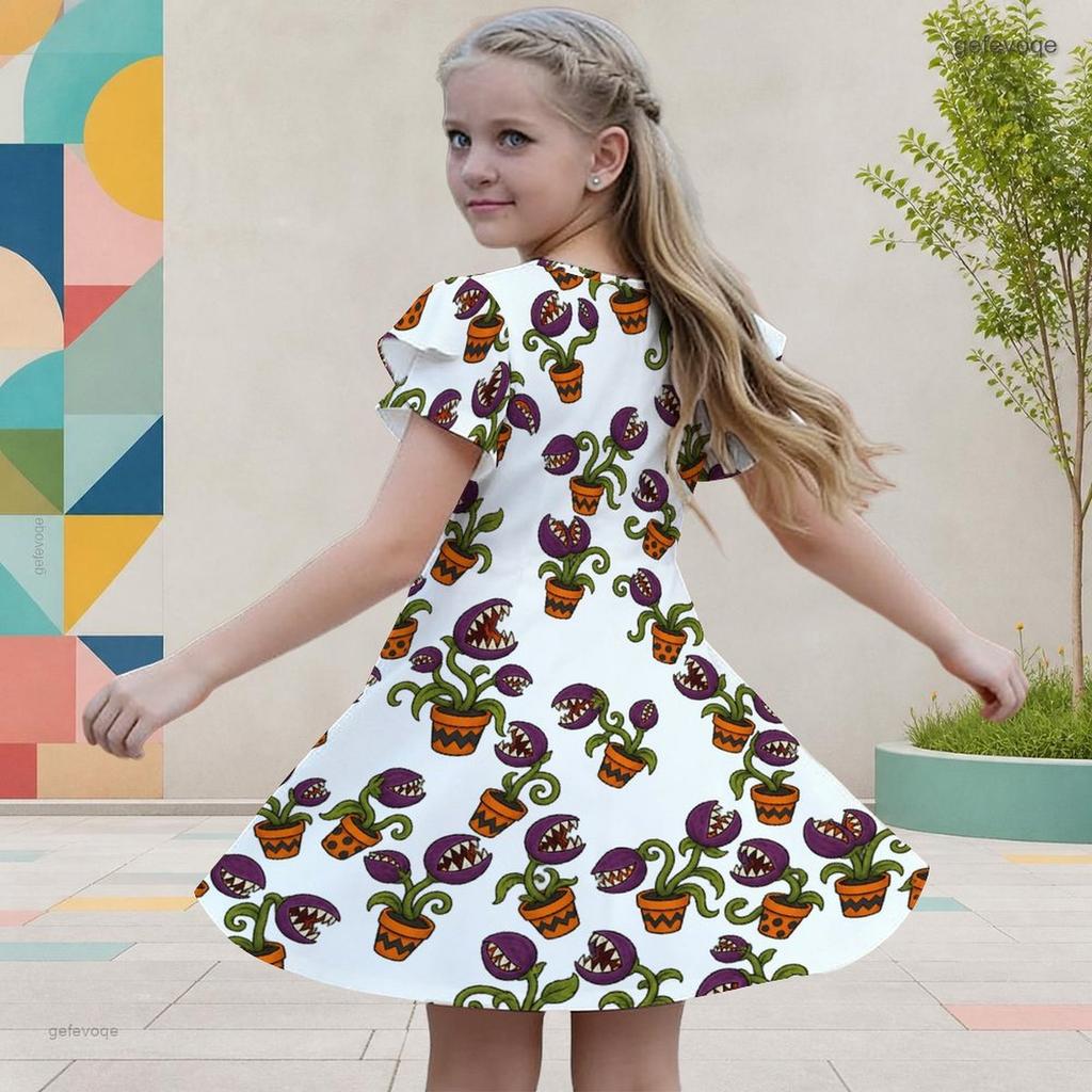 Girls White Halloween Printed Dress Round Neck Flutter Sleeve A Line Flared Dress