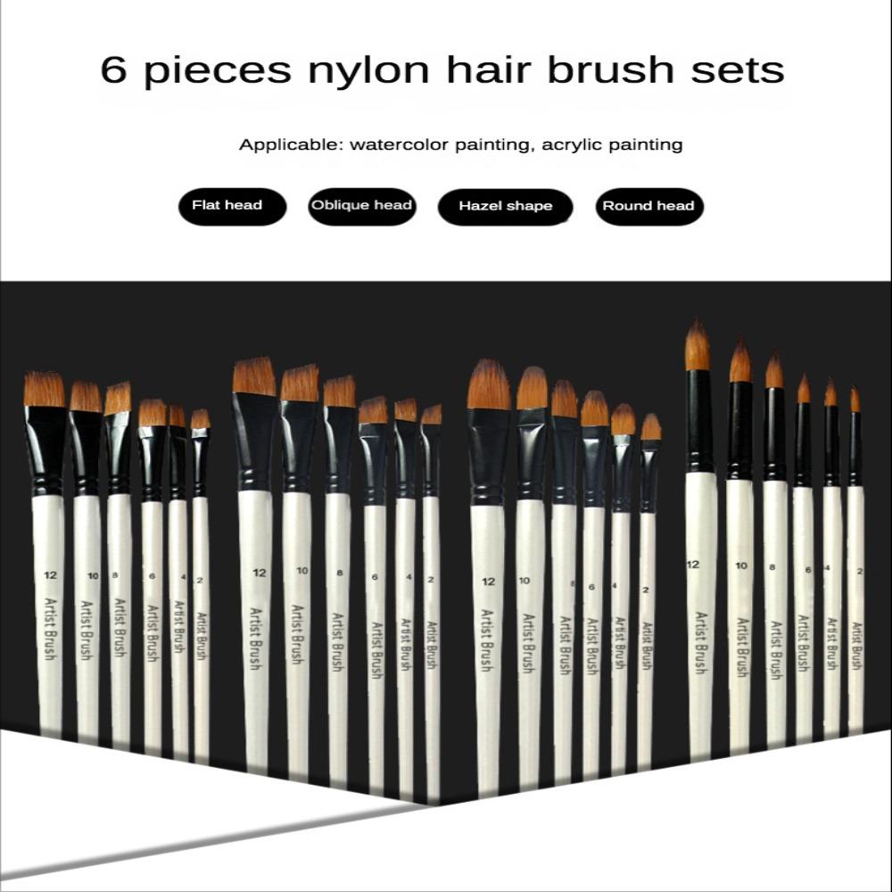 6Pcs/Set Wood Pole Nylon Hair Brush Set Two-tone Paint Brush Set Hair Watercolor Brush  Beginners