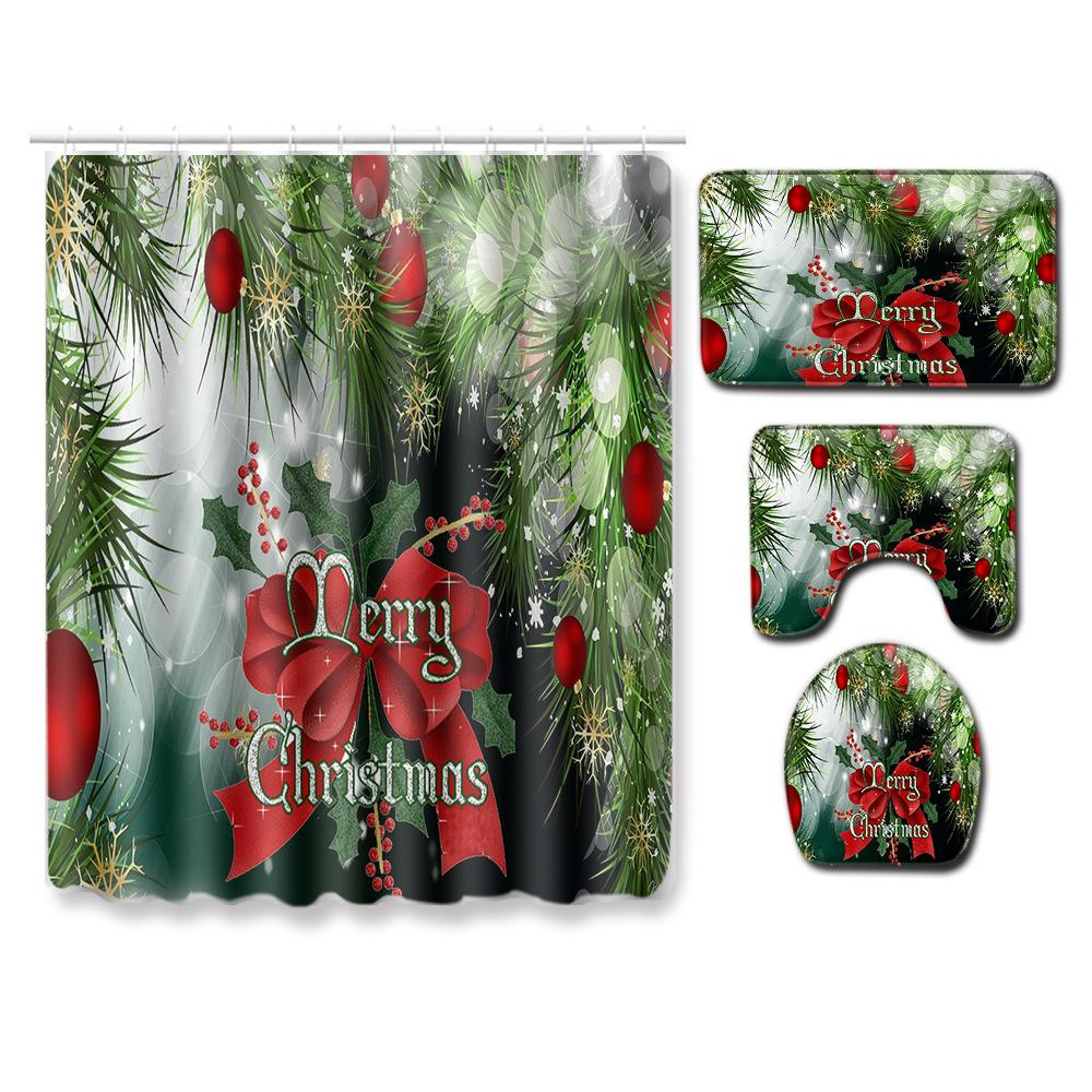 Christmas Shower Curtain Floor Mat Combination Four-Piece Set Bathroom Toilet Carpet Shower Room Mat Foot Mat