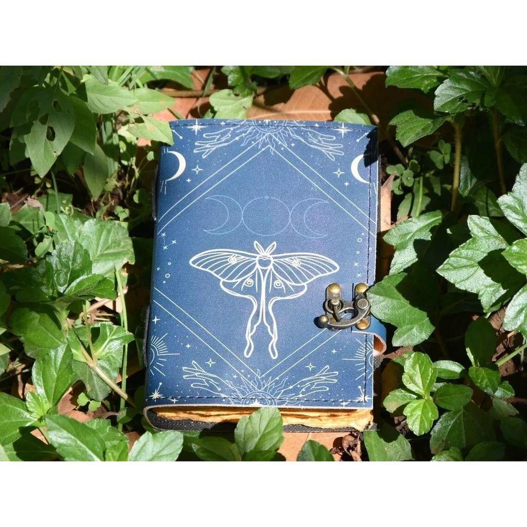 Blank Spell Book of Shadows Vintage Handmade Leather Journal Luna Moth Print 7X5