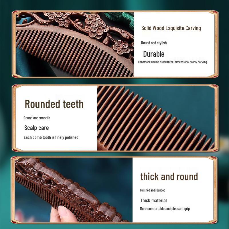 Engraved Green Sandalwood Comb - Black Gold Carved Design, Gift Box Included