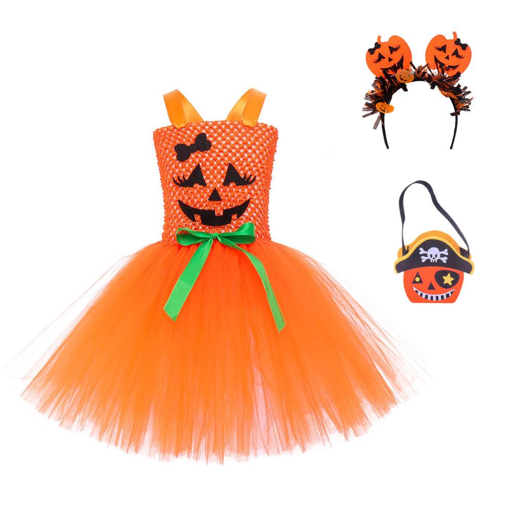 Kids Pumpkin Witch Tutu Dress, Girls Halloween Wizard Princess Role Play Skirt