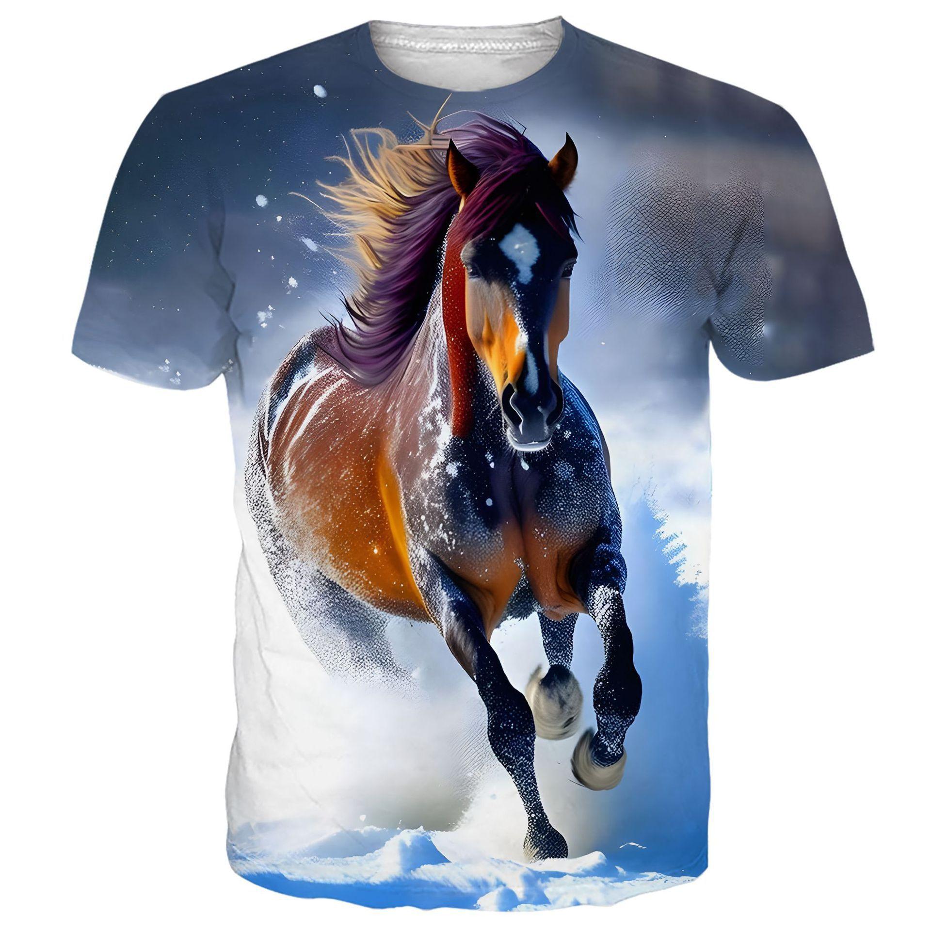 

Летняя удобная новая футболка с 3D цифровой печатью, с коротким рукавом, повседневная, с изображением лошади, животного, с круглым вырезом, мужская L