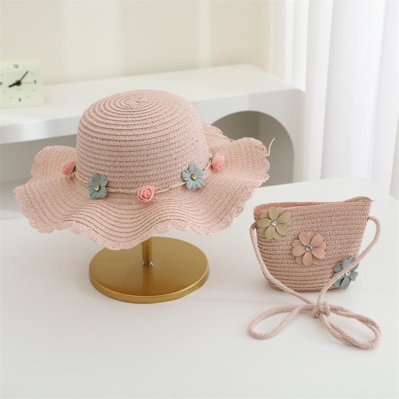 2025 Children's Summer Straw Hat & Crossbody Bag Set: Girls' Fashion, Parent-Child Fisherman Style, Wide Brim Sun Hat.