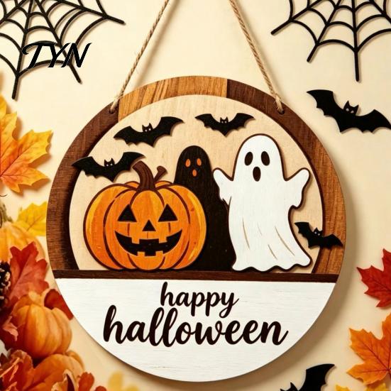 Fall Party Decorations Halloween Layered Round Door Hanger, 3D Pumpkin Ghost Owl Wood Welcome Sign, Wooden Hanging Decor Farmhouse Front Wall for Home