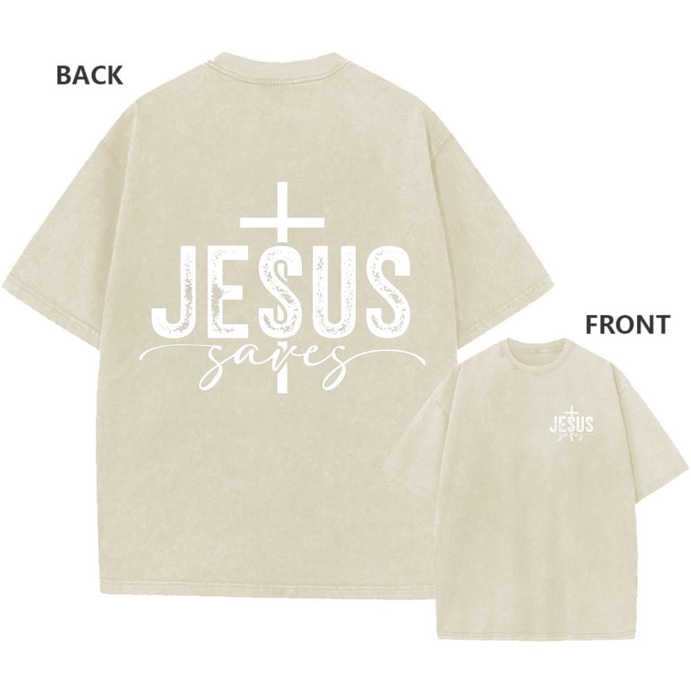 Mens Vintage Oversized Washed TShirt Cotton Jesus Saves Faith Cross Casual Tee