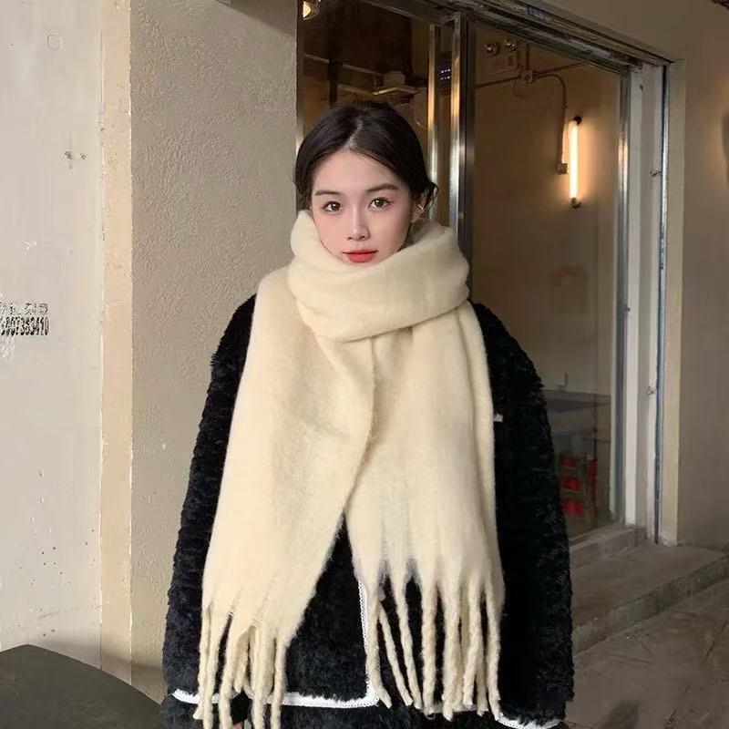 Women's Pure Color Mohair Scarf: Thick Braid Shawl for Autumn and Winter 2024