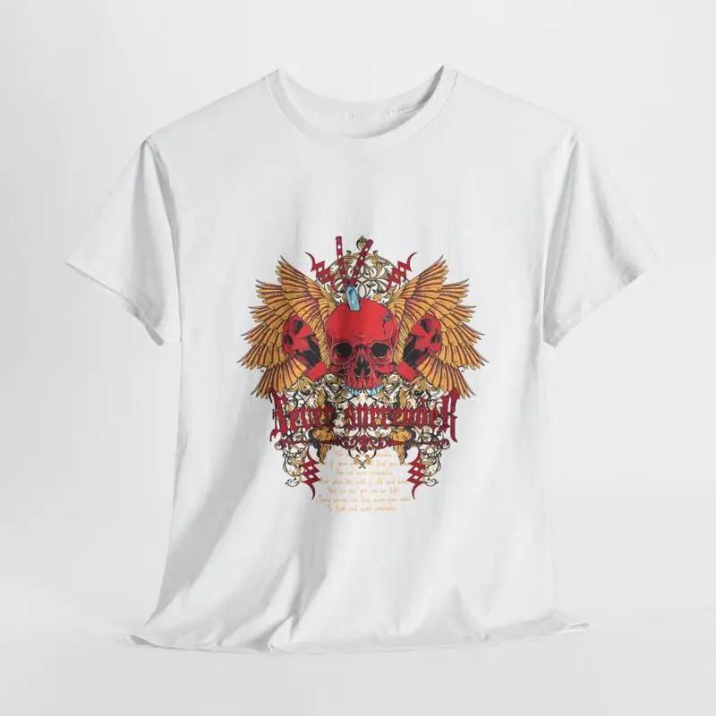 Vibrant Red Skull T Shirt with Baroque Wings Never Surrender Design S