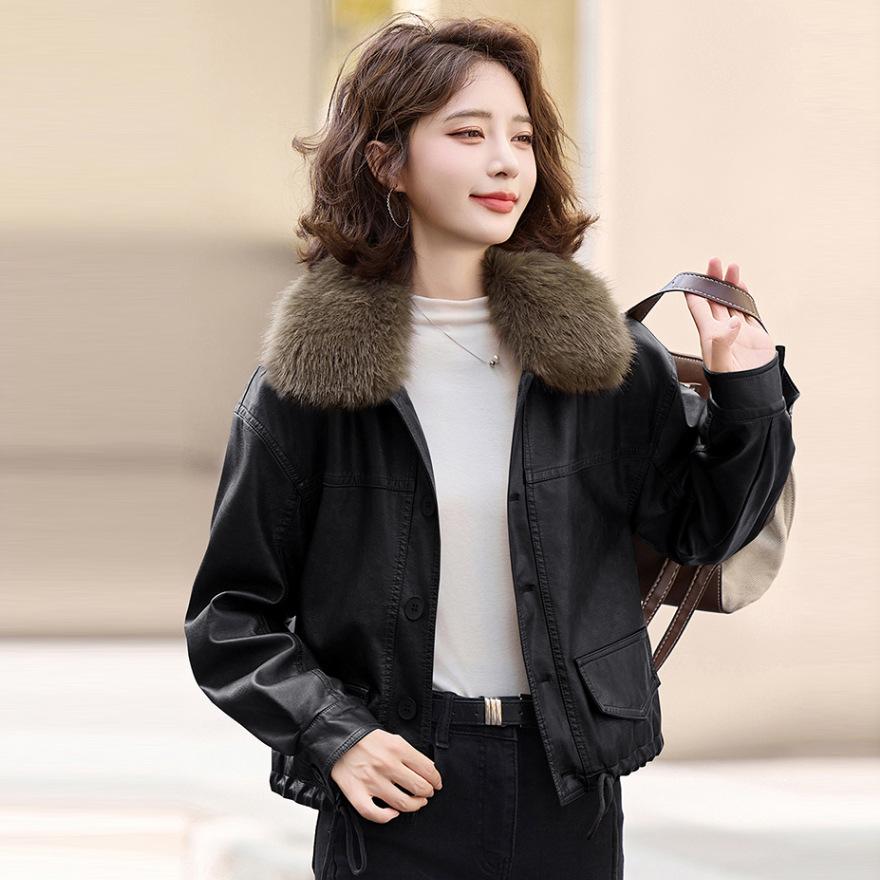 Fur integrated leather jacket women's autumn and winter autumn and winter new velvet leather jacket jacket
