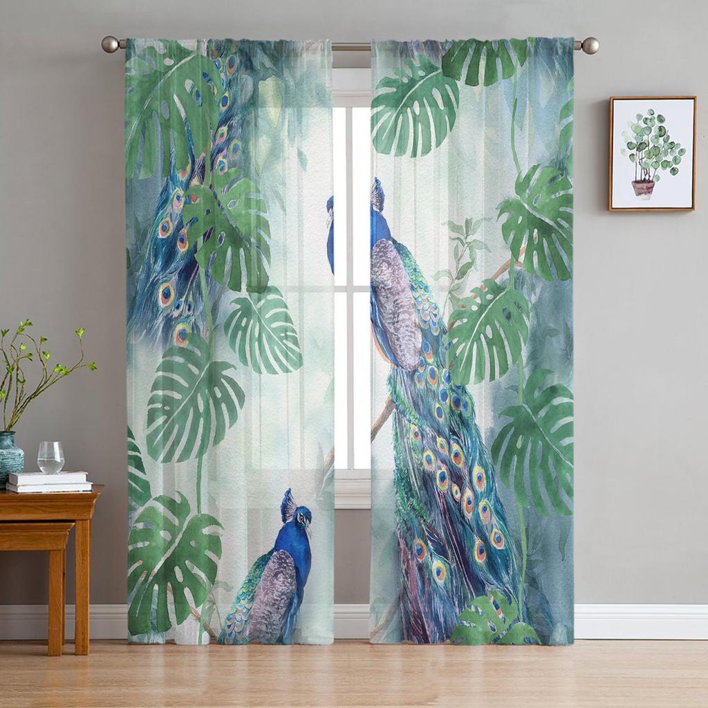 Peacock Feathers Green Tulle Sheer Window Curtains for Living Room Kitchen Children Bedroom Voile Hanging Curtain