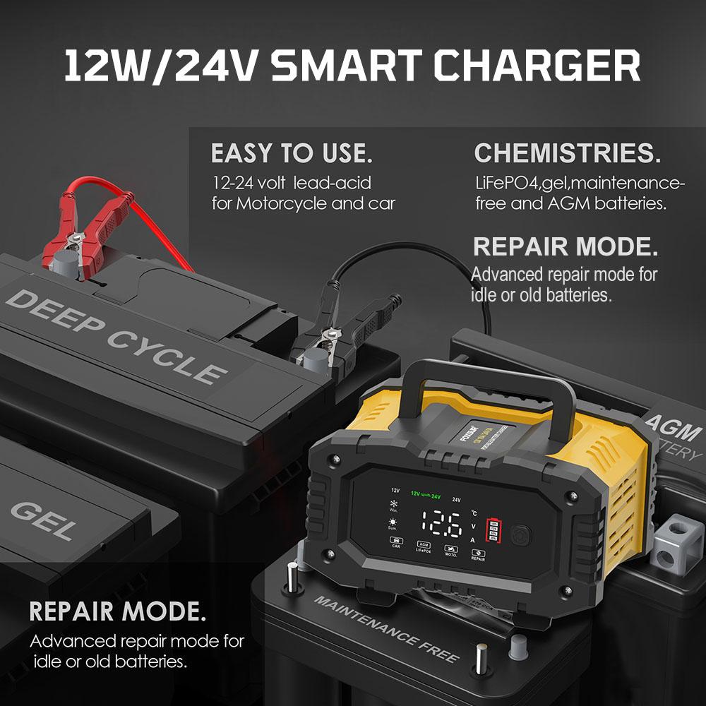 Digital Display Screen Quick Charge Car Motorcycle Battery Charger 7-stage For AGM GEL SLA Lead-Acid LiFePO4 Smart Battey Charger Handheld 12V-24V