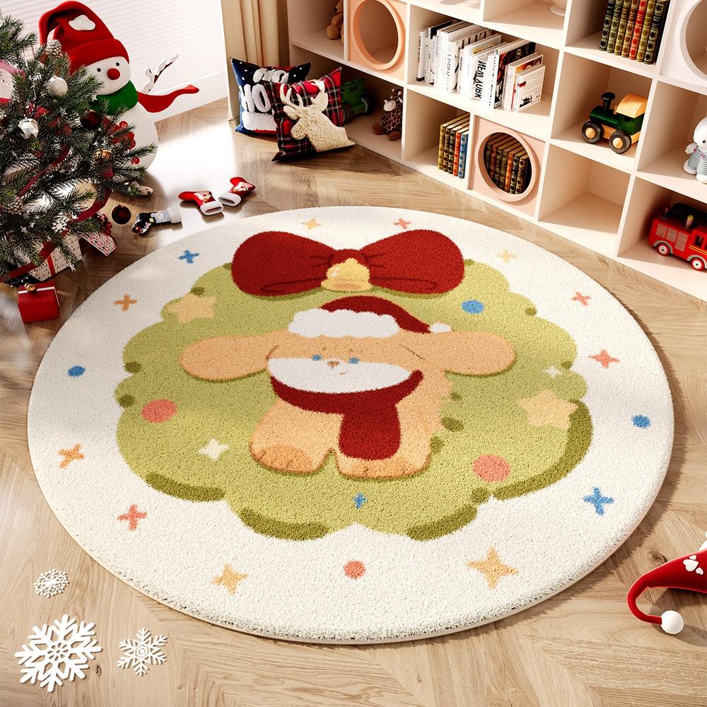 Christmas Winter Warm Synthetic Cashmere Round Rug For Living Room And Bedroom Slippery Floor Mat Home Decoration