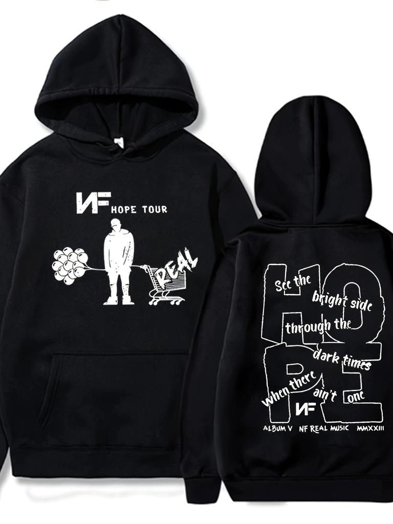 MenS Nf Hope Tour Graphic Hoodie Black Casual Streetwear Pullover Loose Fit Long Sleeves Polyester Blend for Fall Winter