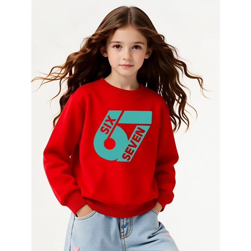 European Sizes Kids' Casual Sweatshirt Printed Round Neck Pullover, Kids' Round Neck Sweatshirt with Fashion "67" Theme Feature Print for Kids