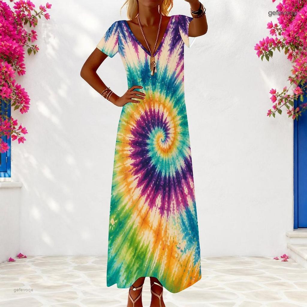 Women Plus Size V Neck Short Sleeve Abstract Leaf Print Long Dress