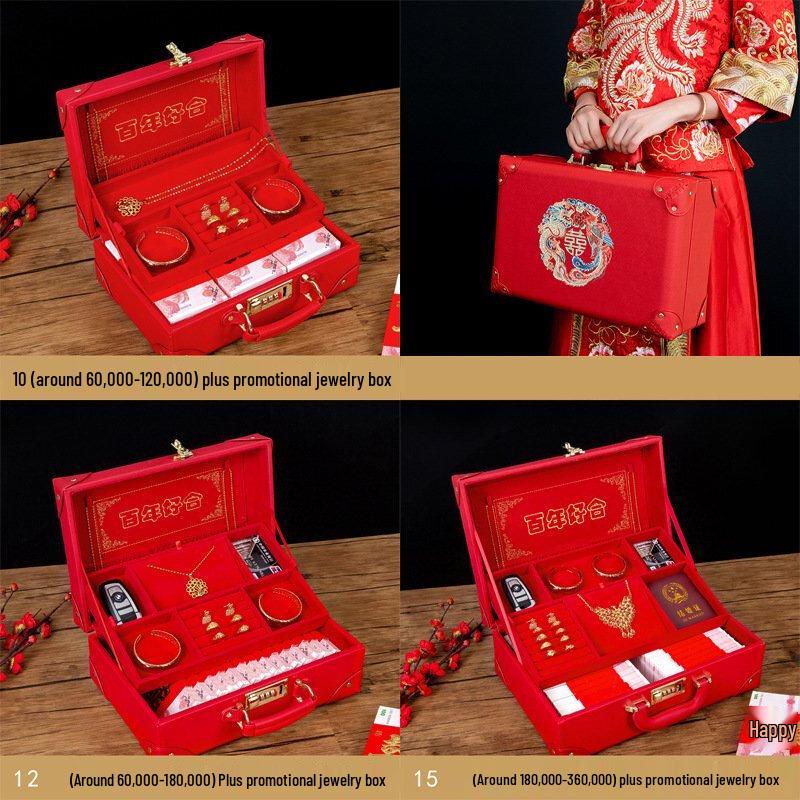 OEING 12-inch Red Wedding Dowry Jewelry Box with Dragon & Phoenix Embroidery