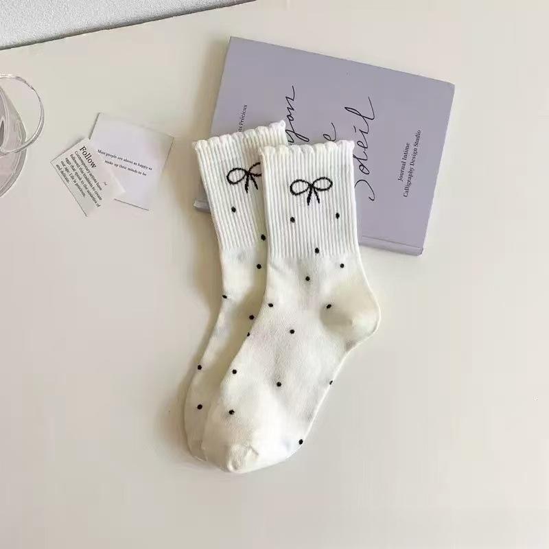 Ladies Spring and Autumn Warm Fashion Polka Dot Bow Lace Stretch Tube Socks
