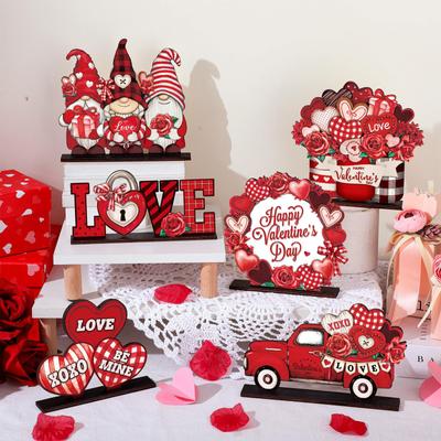 Love Car And Roses, Valentine's Day Decoration 6-piece Set, Valentine's Day Table Decoration Wooden Crafts