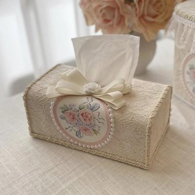 Handmade Pearls Tissue Box Korean Cloth Napkin Holder Decorative Fabric Paper Box Dining Table Storage Organization Decoraction