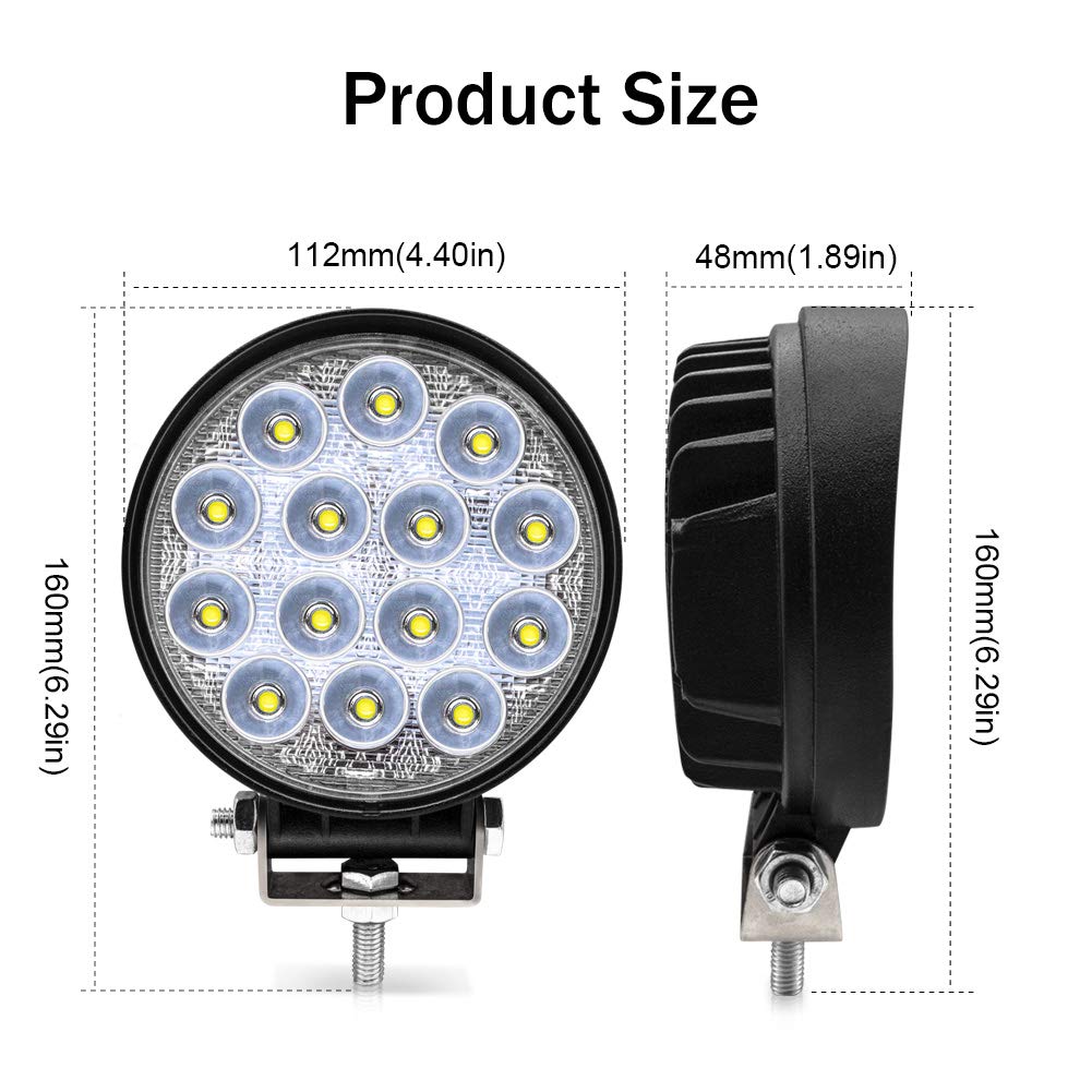 Safego 42W LED Work Light, Round, Wide Angle (60 degrees), LED Exterior Light for Vehicles, Agricultural Machinery, Off-Road Vehicles, Parks, Gardens,