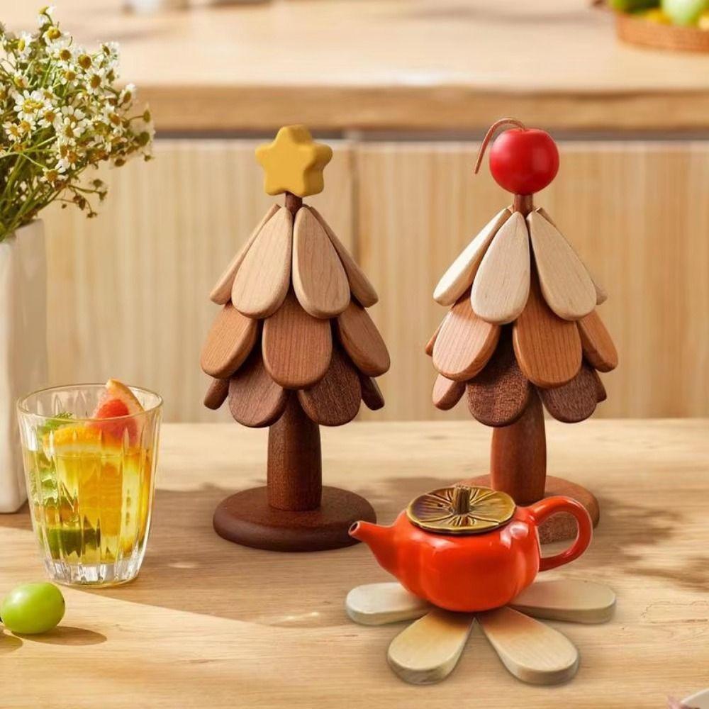 Heat Resistant Christmas Tree Potholder Set Anti Scald Foldable Table Mats Wooden Trivets Home