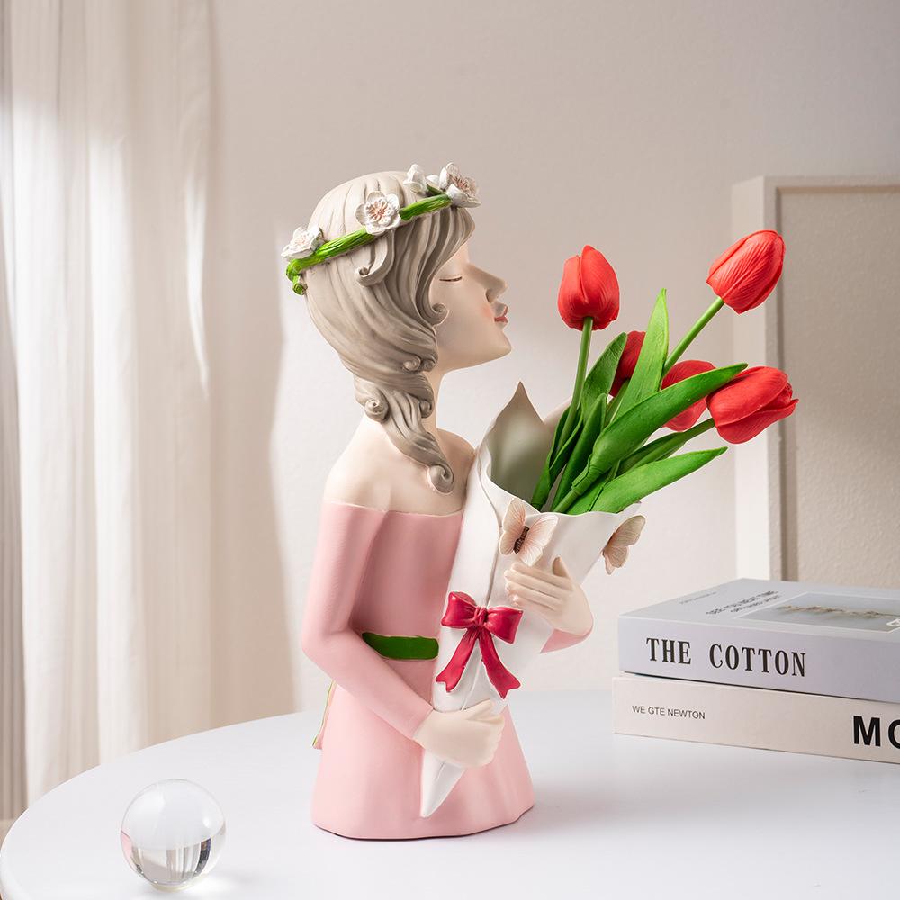Nordic Girl Flower Arrangement Decorative Vase Ornaments Unique Home Storage Living Room Work Tabletop Resin Crafts