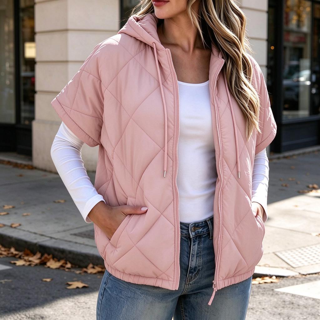 Women's Hooded Sleeveless Padded Vest with Zip Pockets, Color Casual Outerwear