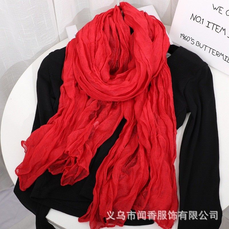 

Autumn and Winter Cotton and Hemp Solid Color Folded Soft Scarf Retro Ethnic Style Long Scarf