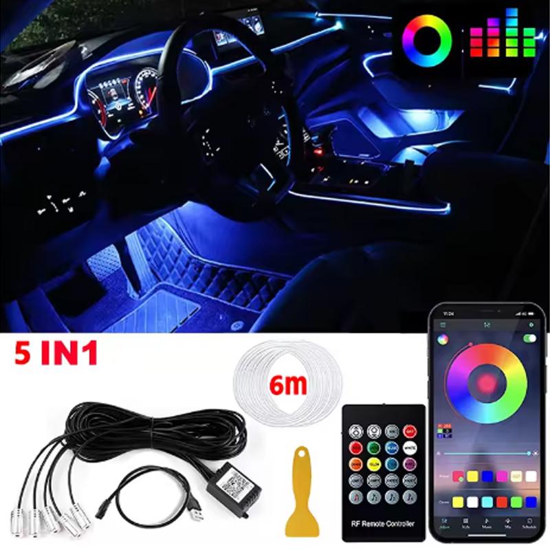 6 In1 Neon Car Interior RGB Led Ambient Light Fiber Optic Kit With APP Sound Control Multiple Modes Auto Decorative Lamp