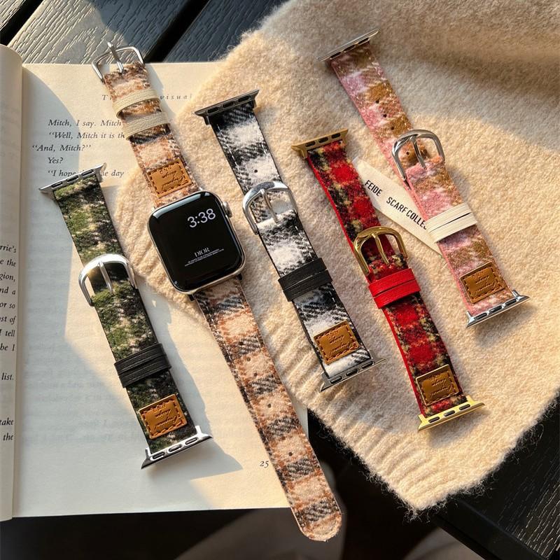 Autumn And Winter Leather Standard Plaid Woolen For Apple Watch Applewatchs10 Strap Iwatch98765Se