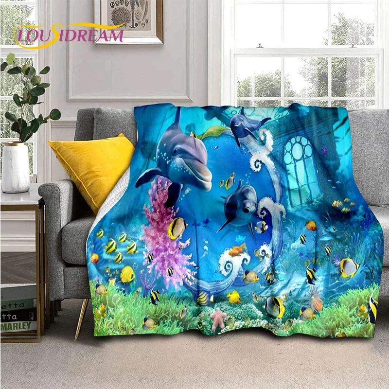 Underwater World 3D Illusion Seabed Cartoon Shark Dolphin Blanket,Soft Throw Blanket for Home Bedroom Bed Sofa Travel Cover Kids