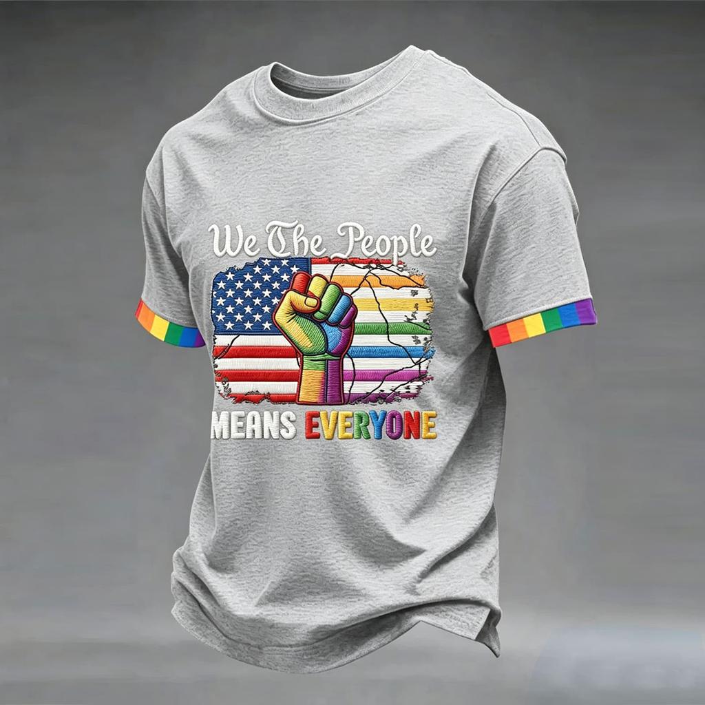 Short Sleeve Crew Neck T Shirt with Graphic Print United States Flag Raised Fist Lettering Design Casual Fit Unisex Top