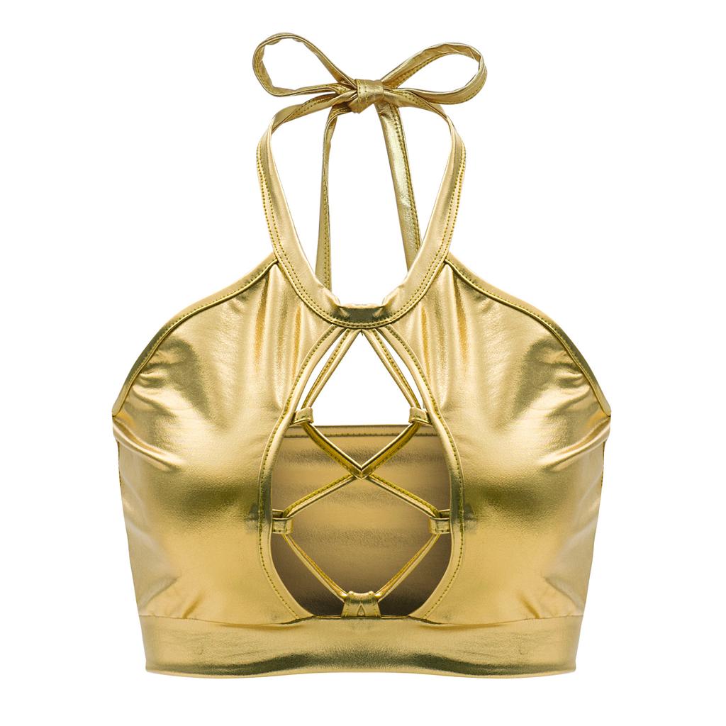 Women Shiny Metallic Halter Tank Top Sleeveless Spaghetti Strap Camisole Vest Bra Crop Tube Top for Party Club